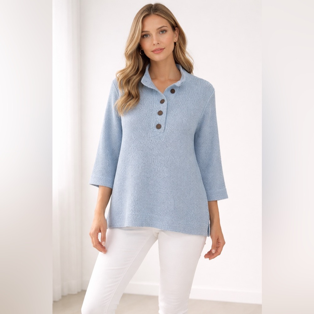Soft Surroundings Plus Size 1X Womens Blue Textured Knit Henley Top Cotton